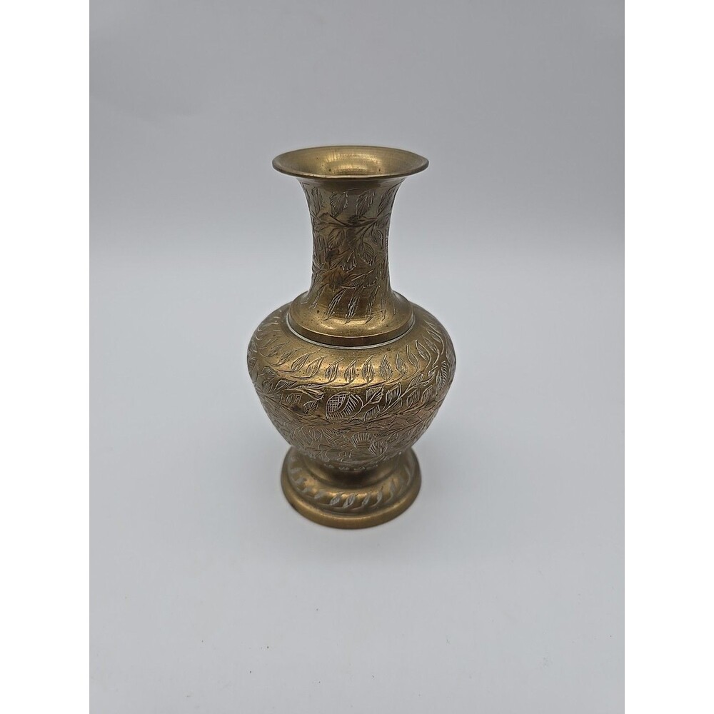 Vintage  Brass Etched Engraved Vase Leaf Motif 5 in Tall  India BOHO
